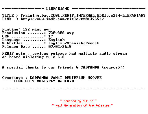 NFO for the release Training.Day.2001.RERiP.iNTERNAL.BDRip.x264-LiBRARiANS by LiBRARiANS