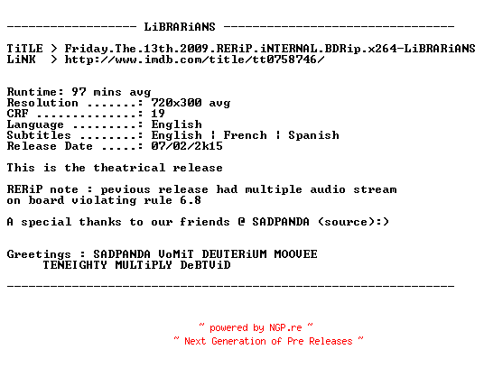 NFO for the release Friday.The.13th.2009.RERiP.iNTERNAL.BDRip.x264-LiBRARiANS by LiBRARiANS