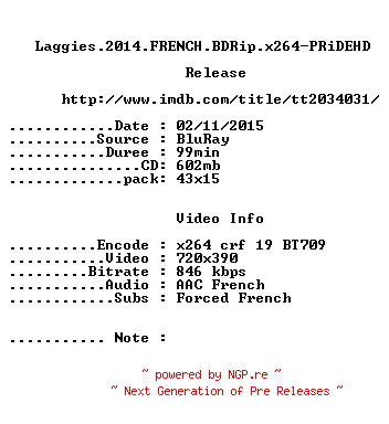 NFO for the release Laggies.2014.FRENCH.BDRip.x264-PRiDEHD by PRiDEHD