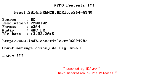 NFO for the release Feast.2014.FRENCH.BDRip.x264-AYMO by AYMO