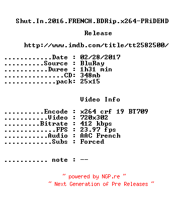NFO for the release Shut.In.2016.FRENCH.BDRip.x264-PRiDEHD by PRiDEHD
