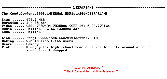 NFO for the release The.Good.Student.2006.iNTERNAL.BDRip.x264-LiBRARiANS by LiBRARiANS