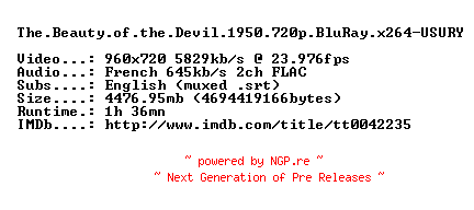 NFO for the release The.Beauty.of.the.Devil.1950.720p.BluRay.x264-USURY by USURY