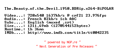 NFO for the release The.Beauty.of.the.Devil.1950.BDRip.x264-BiPOLAR by BiPOLAR
