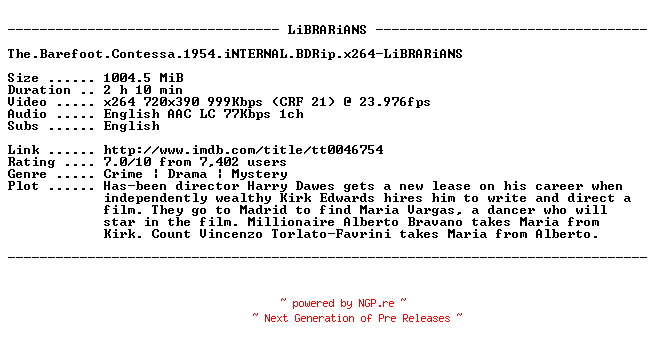 NFO for the release The.Barefoot.Contessa.1954.iNTERNAL.BDRip.x264-LiBRARiANS by LiBRARiANS