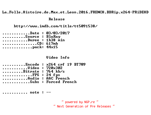 NFO for the release La.Folle.Histoire.de.Max.et.Leon.2016.FRENCH.BDRip.x264-PRiDEHD by PRiDEHD