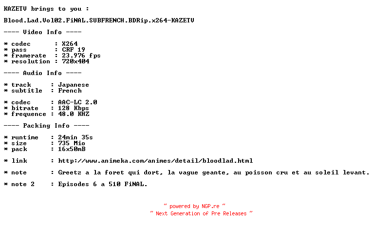 NFO for the release Blood.Lad.Vol02.FiNAL.SUBFRENCH.BDRip.x264-KAZETV by KAZETV