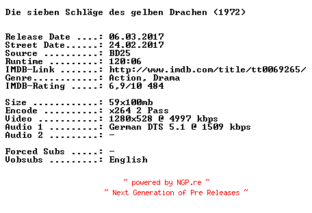 NFO for the release Die.Sieben.Schlaege.des.gelben.Drachen.1972.German.720p.BluRay.x264-SPiCY by SPiCY