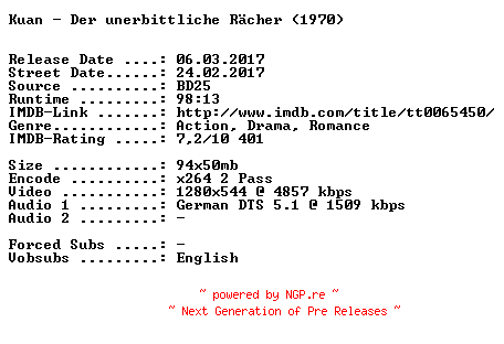 NFO for the release Kuan.Der.unerbittliche.Raecher.1970.German.720p.BluRay.x264-SPiCY by SPiCY