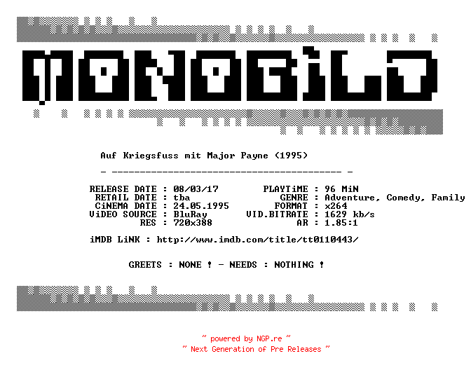 NFO for the release Auf.Kriegsfuss.mit.Major.Payne.1995.German.BDRip.x264.iNTERNAL-MONOBiLD by MONOBiLD