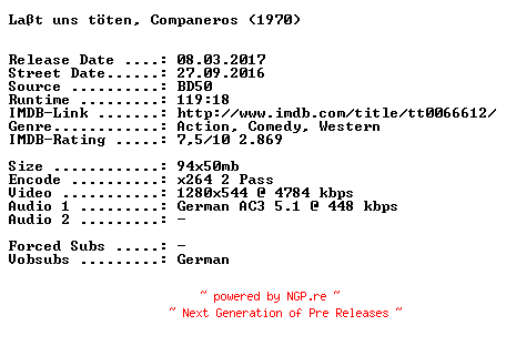 NFO for the release Lasst.uns.toeten.Companeros.1970.German.720p.BluRay.x264-SPiCY by SPiCY
