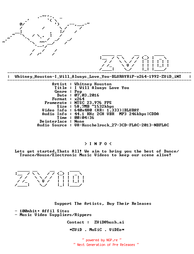 NFO for the release Whitney_Houston-I_Will_Always_Love_You-BLURAYRiP-x264-1992-ZViD_iNT by ZViD_iNT