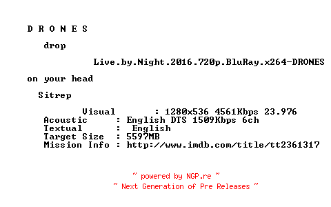 NFO for the release Live.by.Night.2016.720p.BluRay.x264-DRONES by DRONES