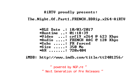 NFO for the release The.Night.Of.Part1.FRENCH.BDRip.x264-AiRTV by AiRTV