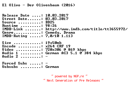 NFO for the release El.Olivo.Der.Olivenbaum.German.2016.AC3.BDRip.x264-SPiCY by SPiCY