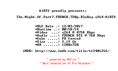 NFO for the release The.Night.Of.Part7.FRENCH.720p.BluRay.x264-AiRTV by AiRTV