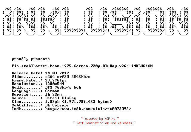 NFO for the release Ein.stahlharter.Mann.1975.German.720p.BluRay.x264-iNKLUSiON by iNKLUSiON