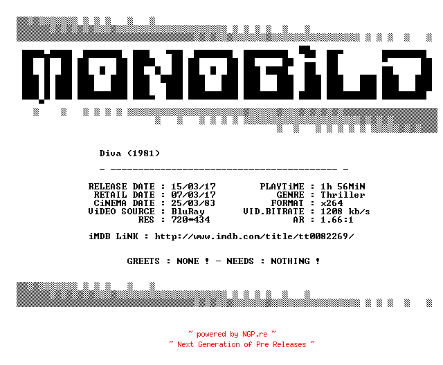 NFO for the release Diva.1981.German.BDRip.x264.iNTERNAL-MONOBiLD by MONOBiLD