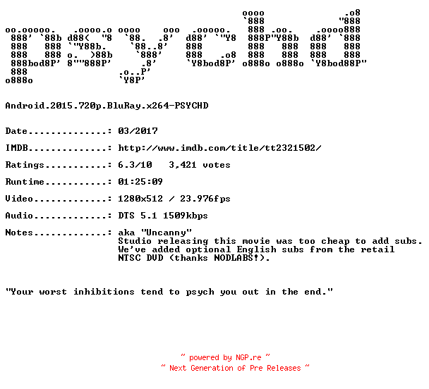 NFO for the release Android.2015.720p.BluRay.x264-PSYCHD by PSYCHD