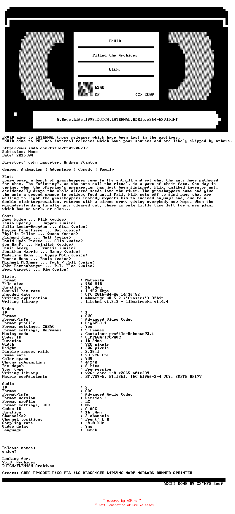 NFO for the release A.Bugs.Life.1998.DUTCH.iNTERNAL.BDRip.x264-EXViDiNT by EXViDiNT