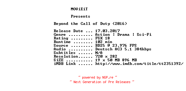 NFO for the release Beyond.the.Call.to.Duty.Elite.Squad.vs.Zombies.German.2016.AC3.BDRip.x264-MOViEiT by MOViEiT