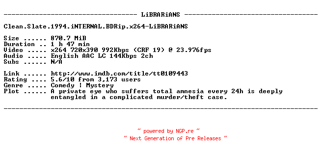 NFO for the release Clean.Slate.1994.iNTERNAL.BDRip.x264-LiBRARiANS by LiBRARiANS