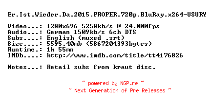 NFO for the release Er.Ist.Wieder.Da.2015.PROPER.720p.BluRay.x264-USURY by USURY