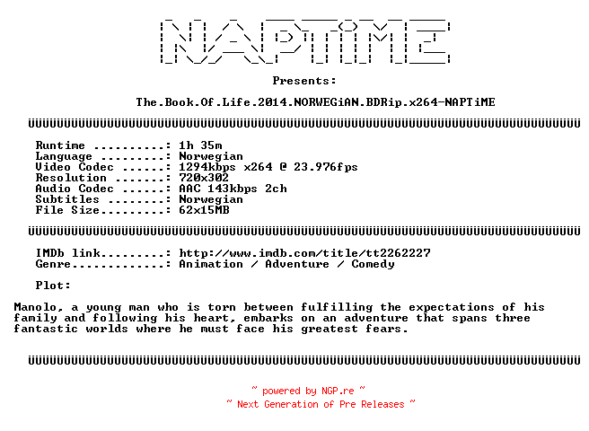 NFO for the release The.Book.Of.Life.2014.NORWEGiAN.BDRip.x264-NAPTiME by NAPTiME