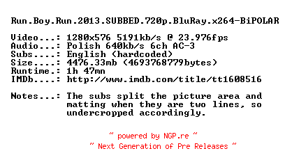 NFO for the release Run.Boy.Run.2013.SUBBED.720p.BluRay.x264-BiPOLAR by BiPOLAR
