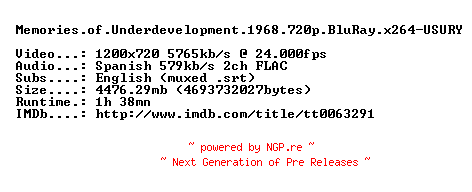 NFO for the release Memories.of.Underdevelopment.1968.720p.BluRay.x264-USURY by USURY