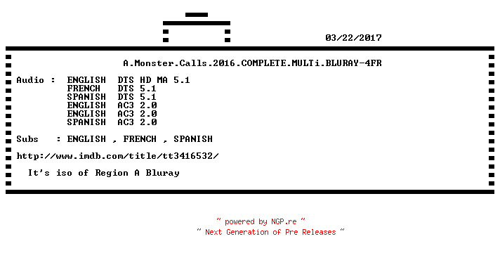 NFO for the release A.Monster.Calls.2016.COMPLETE.MULTi.BLURAY-4FR by 4FR