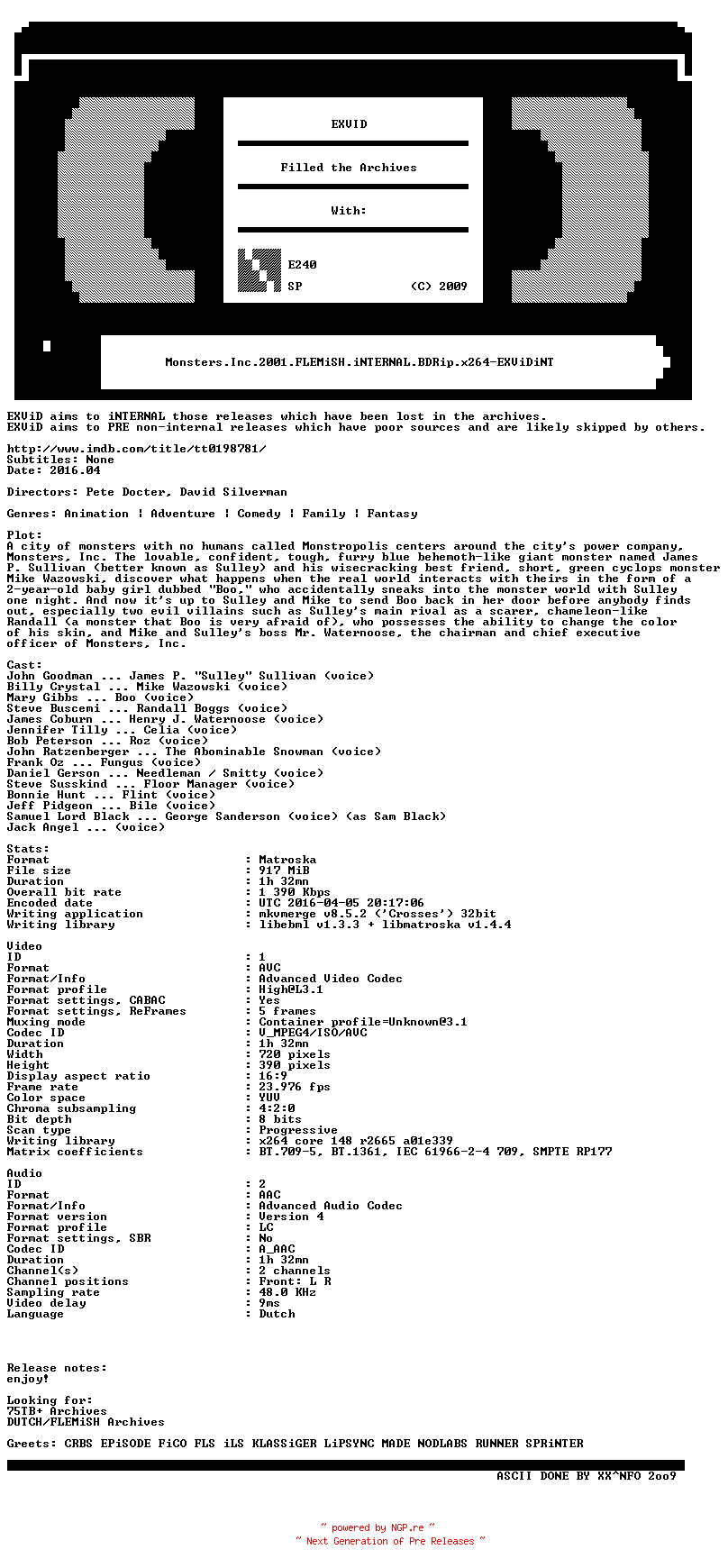 NFO for the release Monsters.Inc.2001.FLEMiSH.iNTERNAL.BDRip.x264-EXViDiNT by EXViDiNT