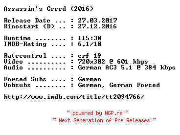 NFO for the release Assassins.Creed.German.2016.AC3.BDRip.x264-COiNCiDENCE by COiNCiDENCE