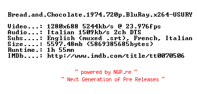 NFO for the release Bread.and.Chocolate.1974.720p.BluRay.x264-USURY by USURY