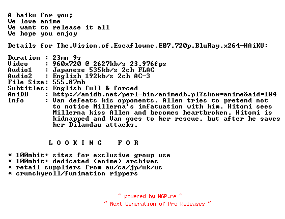 NFO for the release The.Vision.of.Escaflowne.E07.720p.BluRay.x264-HAiKU by HAiKU