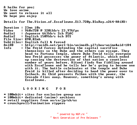 NFO for the release The.Vision.of.Escaflowne.E13.720p.BluRay.x264-HAiKU by HAiKU
