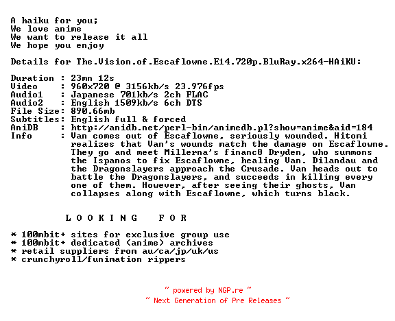 NFO for the release The.Vision.of.Escaflowne.E14.720p.BluRay.x264-HAiKU by HAiKU