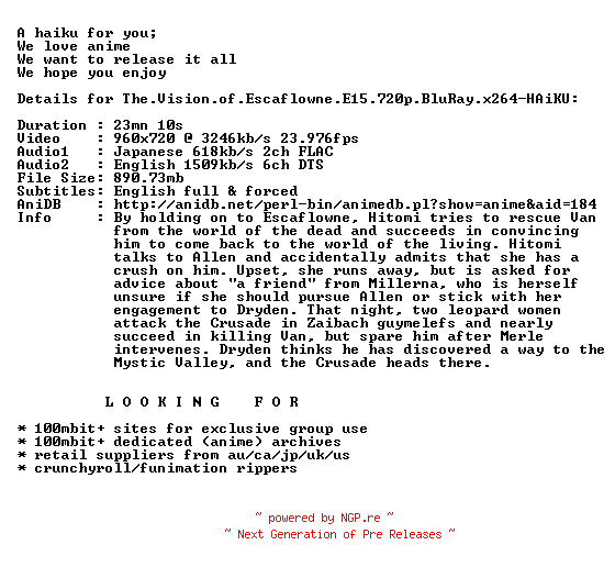 NFO for the release The.Vision.of.Escaflowne.E15.720p.BluRay.x264-HAiKU by HAiKU