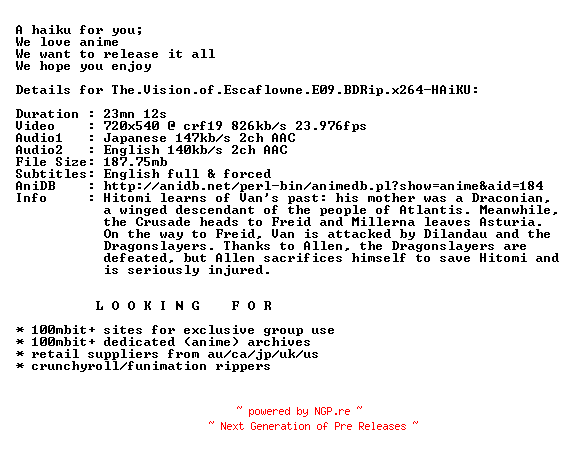 NFO for the release The.Vision.of.Escaflowne.E09.BDRip.x264-HAiKU by HAiKU
