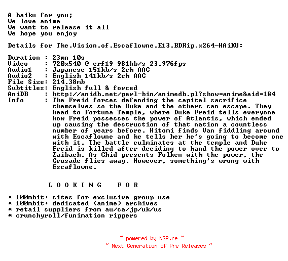 NFO for the release The.Vision.of.Escaflowne.E13.BDRip.x264-HAiKU by HAiKU