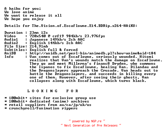 NFO for the release The.Vision.of.Escaflowne.E14.BDRip.x264-HAiKU by HAiKU