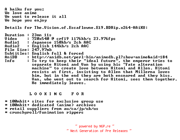 NFO for the release The.Vision.of.Escaflowne.E19.BDRip.x264-HAiKU by HAiKU