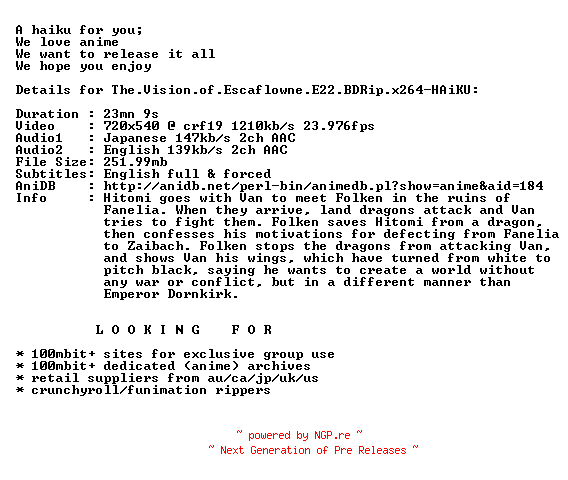 NFO for the release The.Vision.of.Escaflowne.E22.BDRip.x264-HAiKU by HAiKU