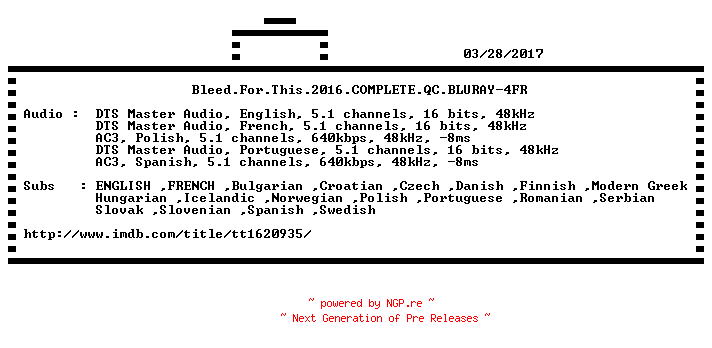NFO for the release Bleed.For.This.2016.COMPLETE.QC.BLURAY-4FR by 4FR