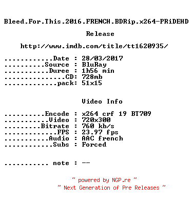 NFO for the release Bleed.For.This.2016.FRENCH.BDRip.x264-PRiDEHD by PRiDEHD