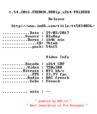 NFO for the release 1.54.2016.FRENCH.BDRip.x264-PRiDEHD by PRiDEHD