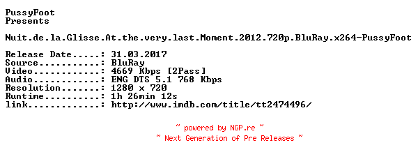 NFO for the release Nuit.de.la.Glisse.At.the.very.last.Moment.2012.720p.BluRay.x264-PussyFoot by PussyFoot