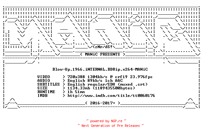 NFO for the release Blow-Up.1966.iNTERNAL.BDRip.x264-MANiC by MANiC