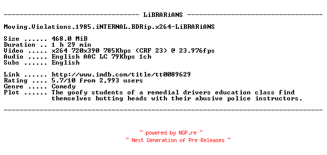 NFO for the release Moving.Violations.1985.iNTERNAL.BDRip.x264-LiBRARiANS by LiBRARiANS