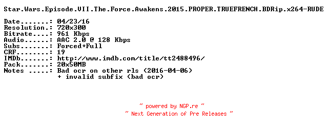 NFO for the release Star.Wars.Episode.VII.The.Force.Awakens.2015.PROPER.TRUEFRENCH.BDRip.x264-RUDE by RUDE